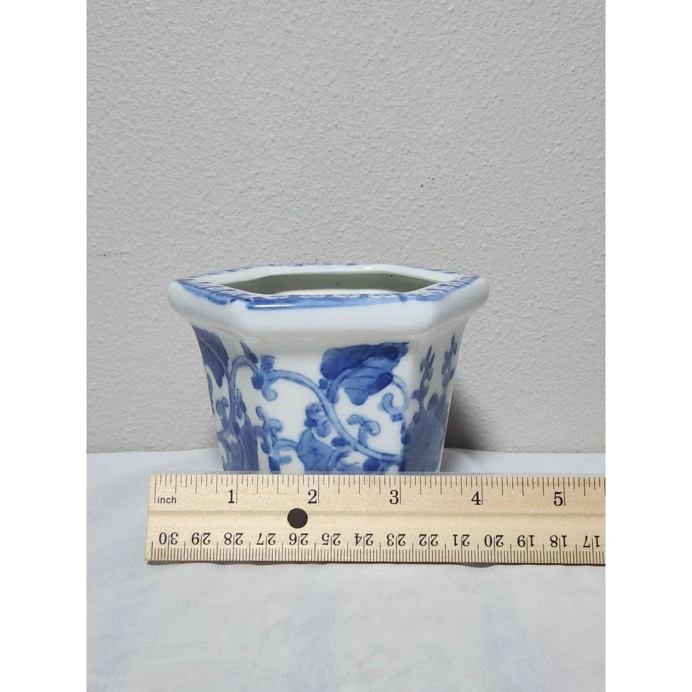 Blue and White Ceramic Hexagonal Planter Floral Chinoiserie Mini Succulent Pot